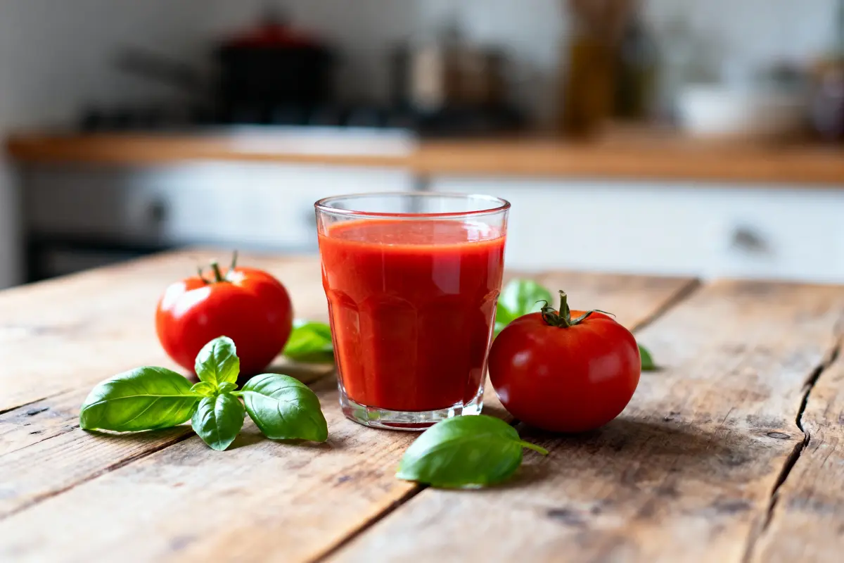 Verre de jus de tomate frais sur table en bois, entouré de tomates et feuilles de basilic.