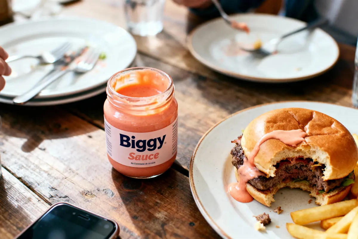 Burger entamé avec sauce Biggy sur table en bois, assiette avec frites, autres assiettes visibles.