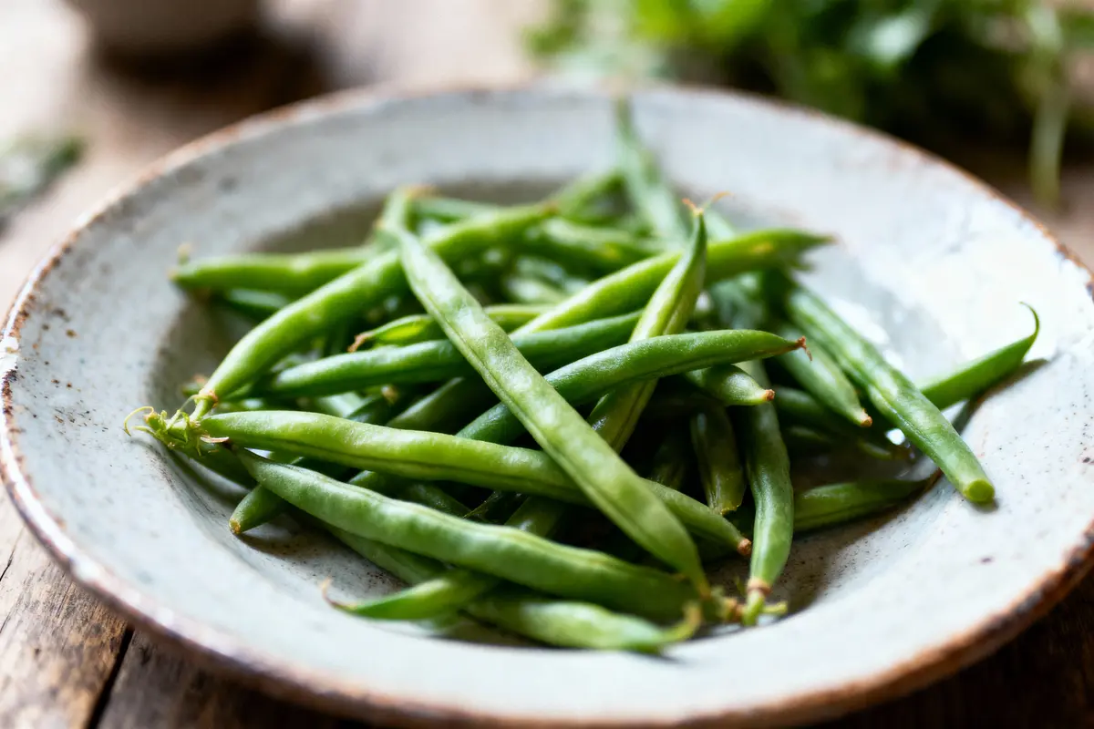 Assiette de haricots verts frais sur une table en bois, vue rapprochée et appétissante.