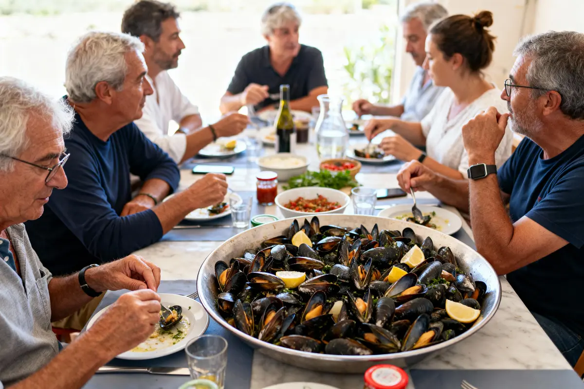 Groupe de personnes partageant un plat de moules autour d'une table, ambiance conviviale et détendue.