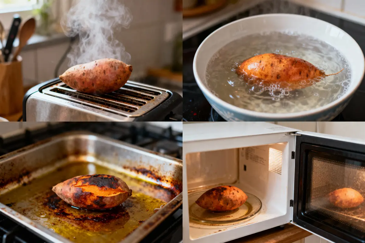 Quatre méthodes de cuisson de patates douces : grille-pain, bain-marie, four, micro-ondes.