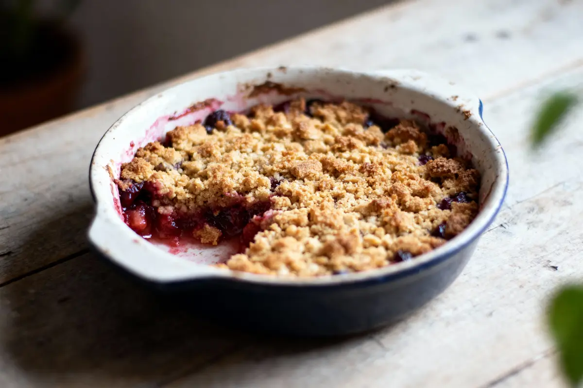 Plat de crumble aux fruits rouges sur une table en bois, une portion manquante.