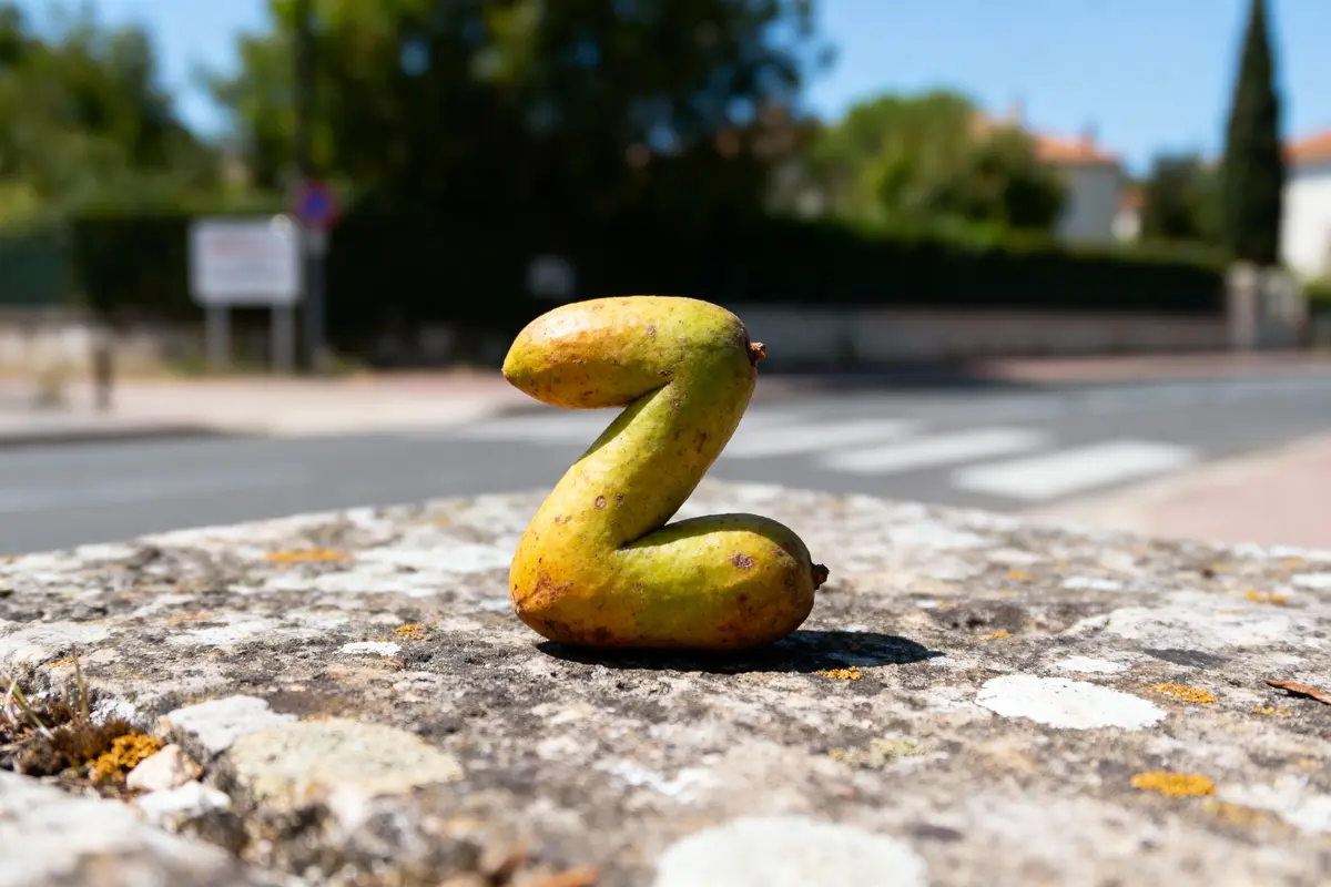 Poire en forme de "Z" posée sur un muret en pierre dans un environnement urbain.
