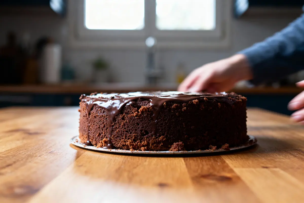Gâteau au chocolat avec glaçage fondant, posé sur table en bois, main en arrière-plan floue.