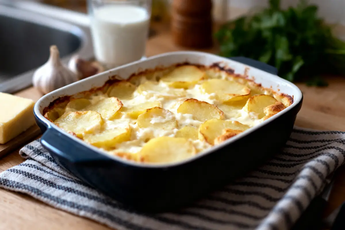 Gratin dauphinois doré dans un plat en céramique, sur table avec ail, lait, fromage et persil.