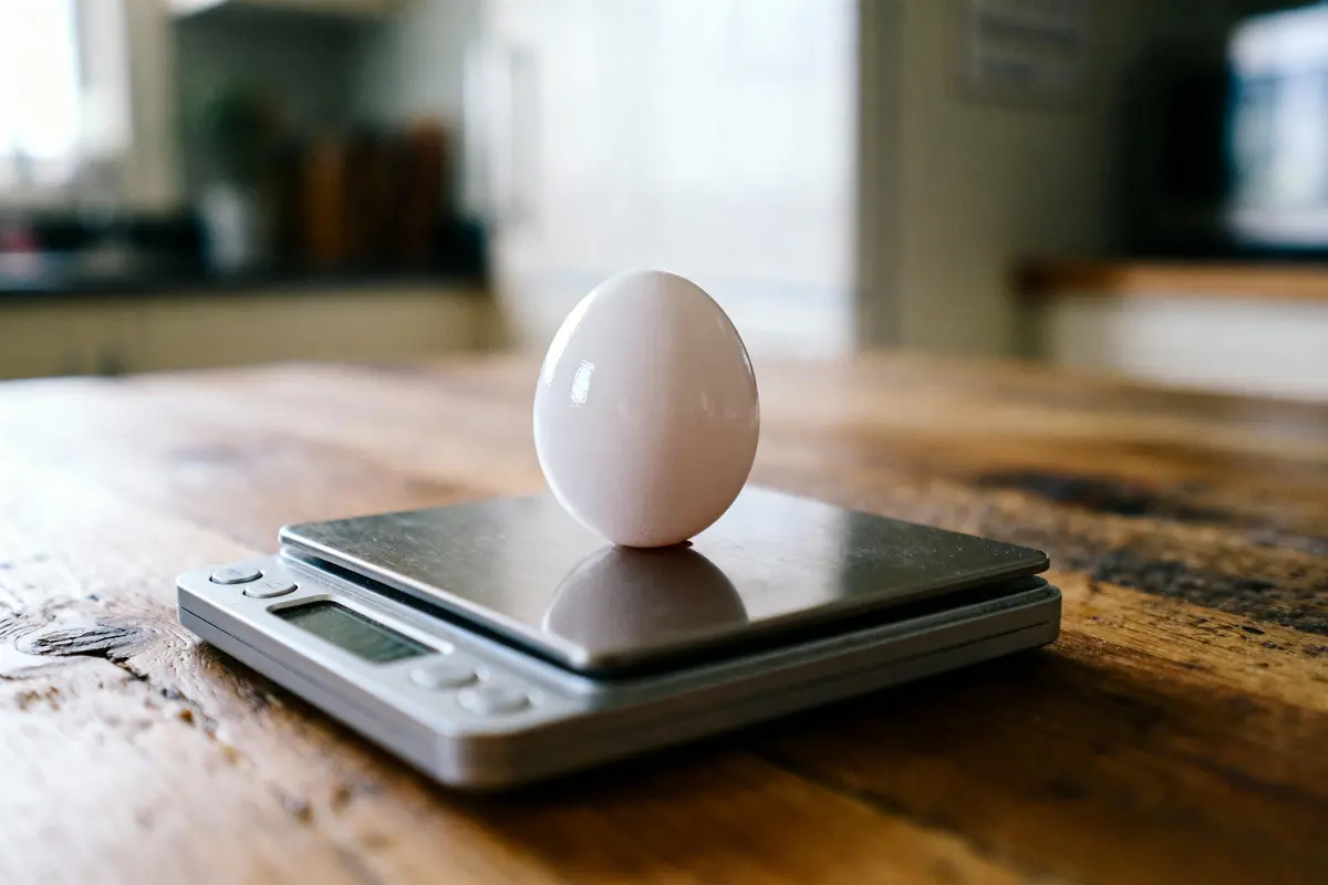 Un œuf blanc sur une balance numérique posée sur une table en bois.