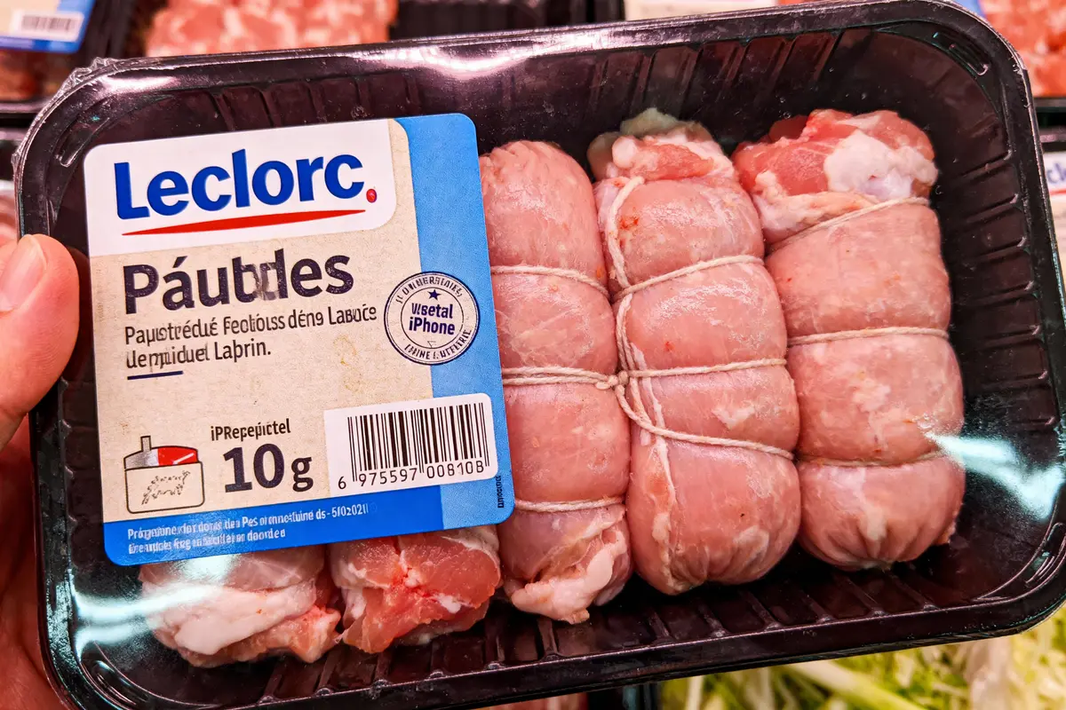 Barquette de viande emballée avec étiquette humoristique, Leclerc parodié, texte incluant "Pâutles" et "iPhone".