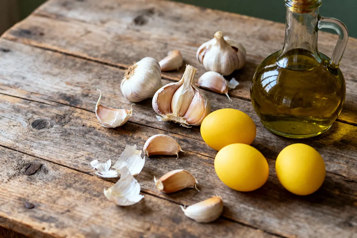 Ail, œufs et huile d'olive sur table en bois rustique.