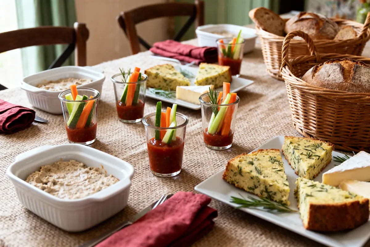 Table dressée avec plats de fête : dips, crudités, gâteaux salés, pains, sur nappe en fibres naturelles.