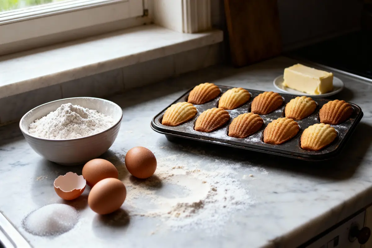 Madeleines dorées, ingrédients sur le plan de travail : farine, œufs, sucre, beurre près de la fenêtre.