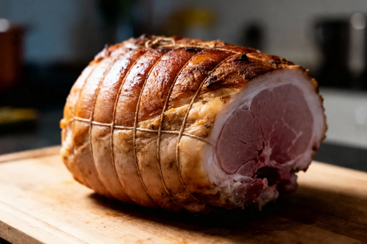 Rôti de porc cuit, rôti avec ficelle, posé sur une planche en bois, fond de cuisine flou.