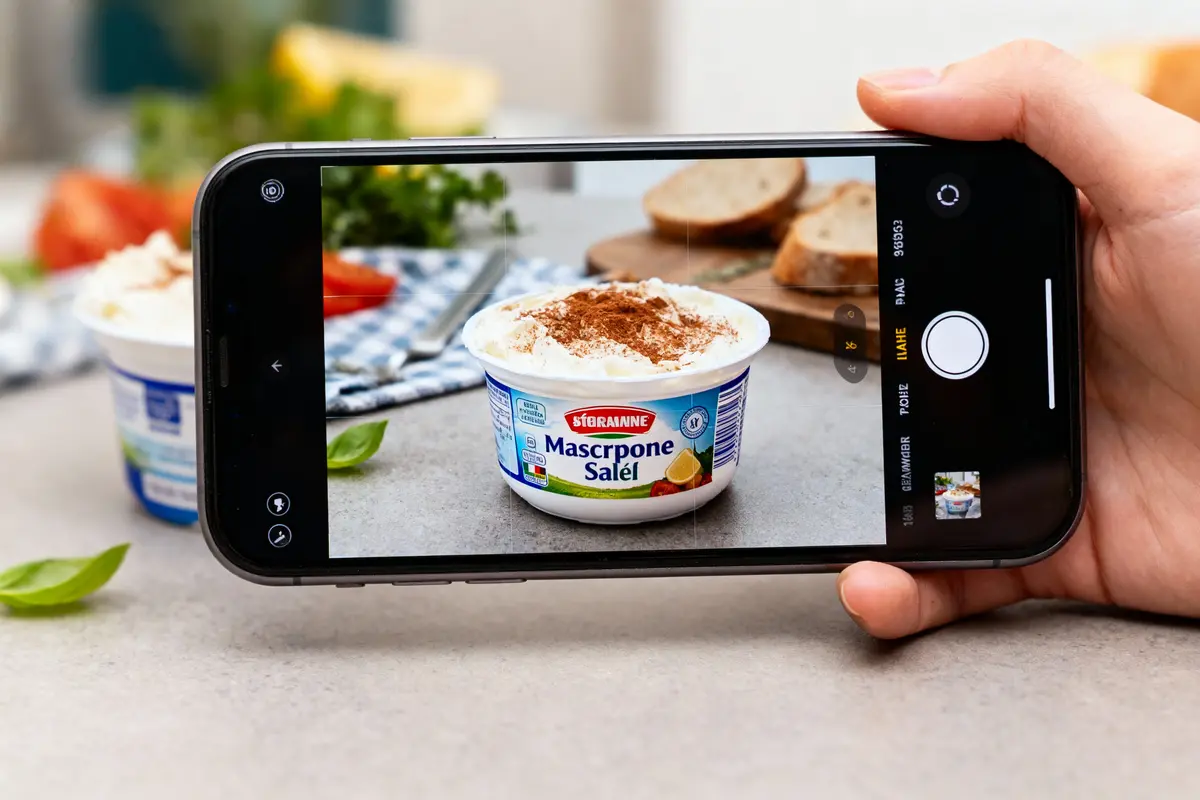 Personne prenant une photo d'un pot de mascarpone salé avec smartphone. En arrière-plan, pain et légumes.
