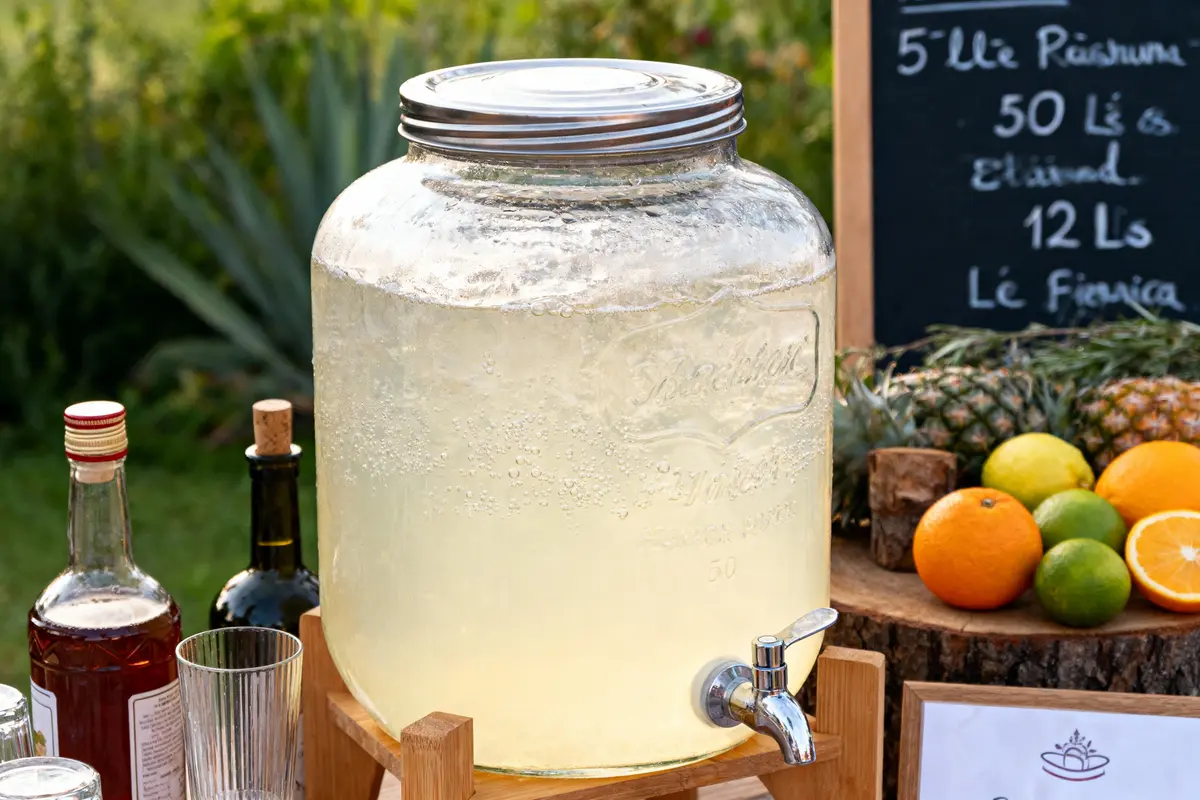 Grand distributeur de limonade avec fruits et planche de prix en arrière-plan. Extérieur ensoleillé.