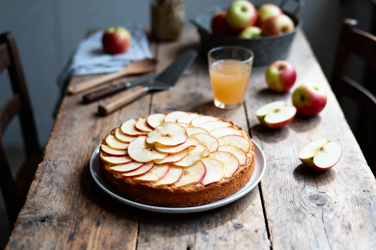 Tarte aux pommes sur table en bois, entourée de pommes et jus, éclairage naturel.