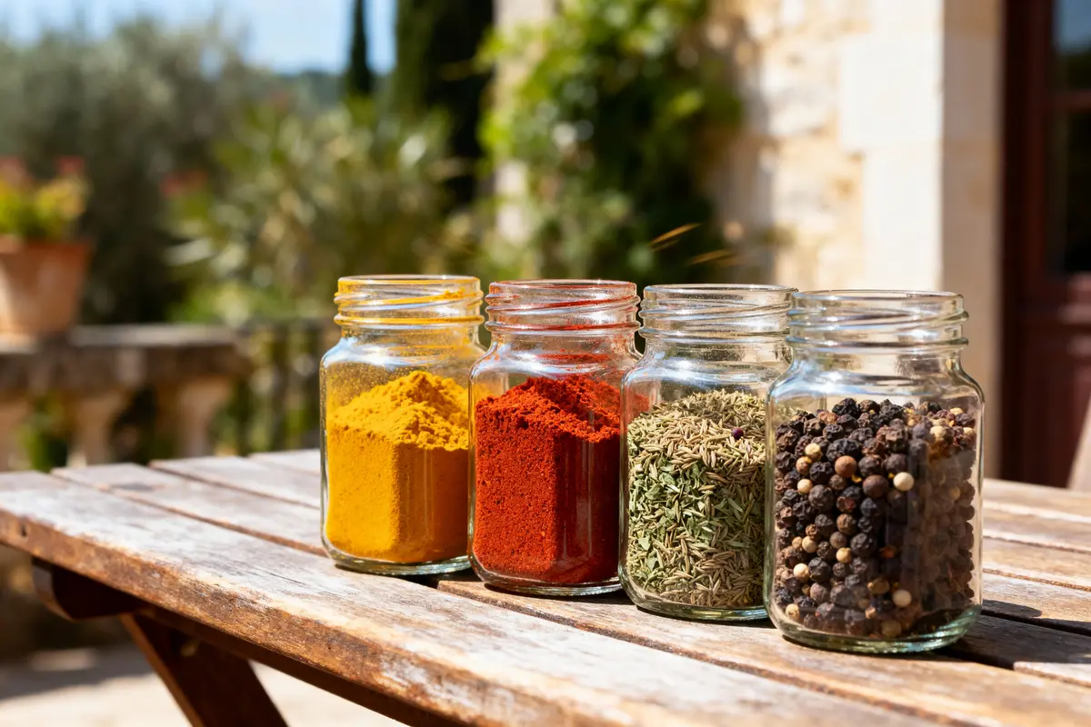 Quatre pots en verre remplis d'épices colorées sur une table en bois à l'extérieur, arrière-plan flou.