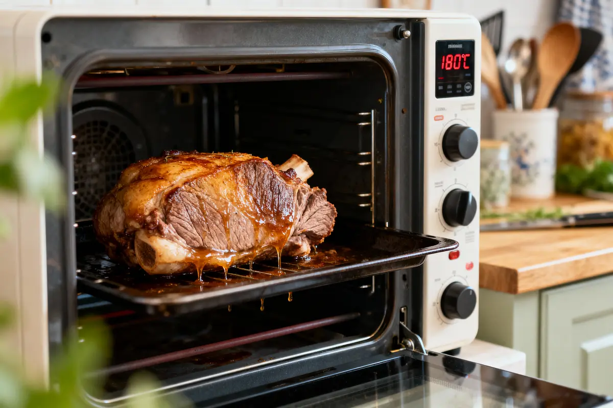 Rôti de viande juteux cuisait dans un four à 180 °C, cuisine moderne en arrière-plan.
