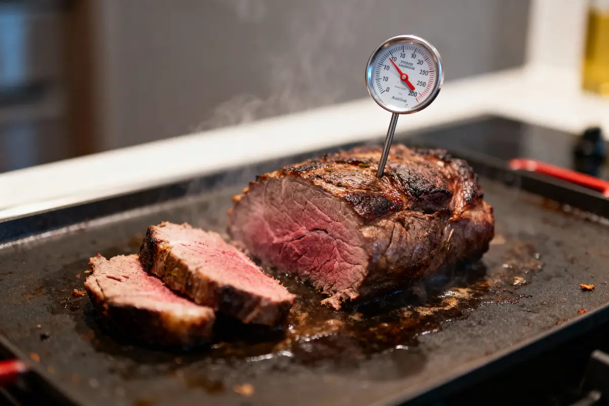 Rôti de bœuf cuit avec thermomètre, tranché, sur plaque de cuisson, cuisson saignante visible.