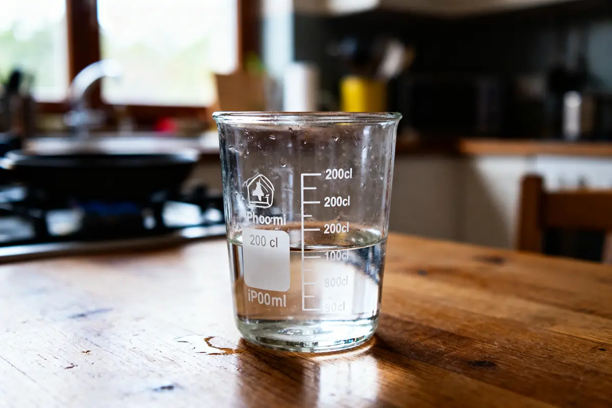 Verre doseur avec 200 cl d'eau sur une table en bois, cuisine floue en arrière-plan.