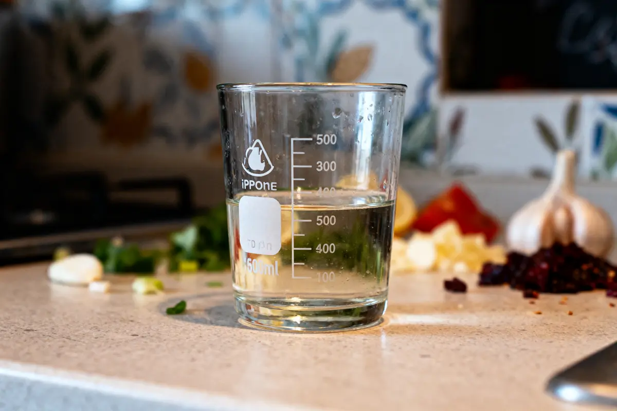 Verre doseur de 500 ml rempli d'eau, cuisine avec légumes hachés en arrière-plan.