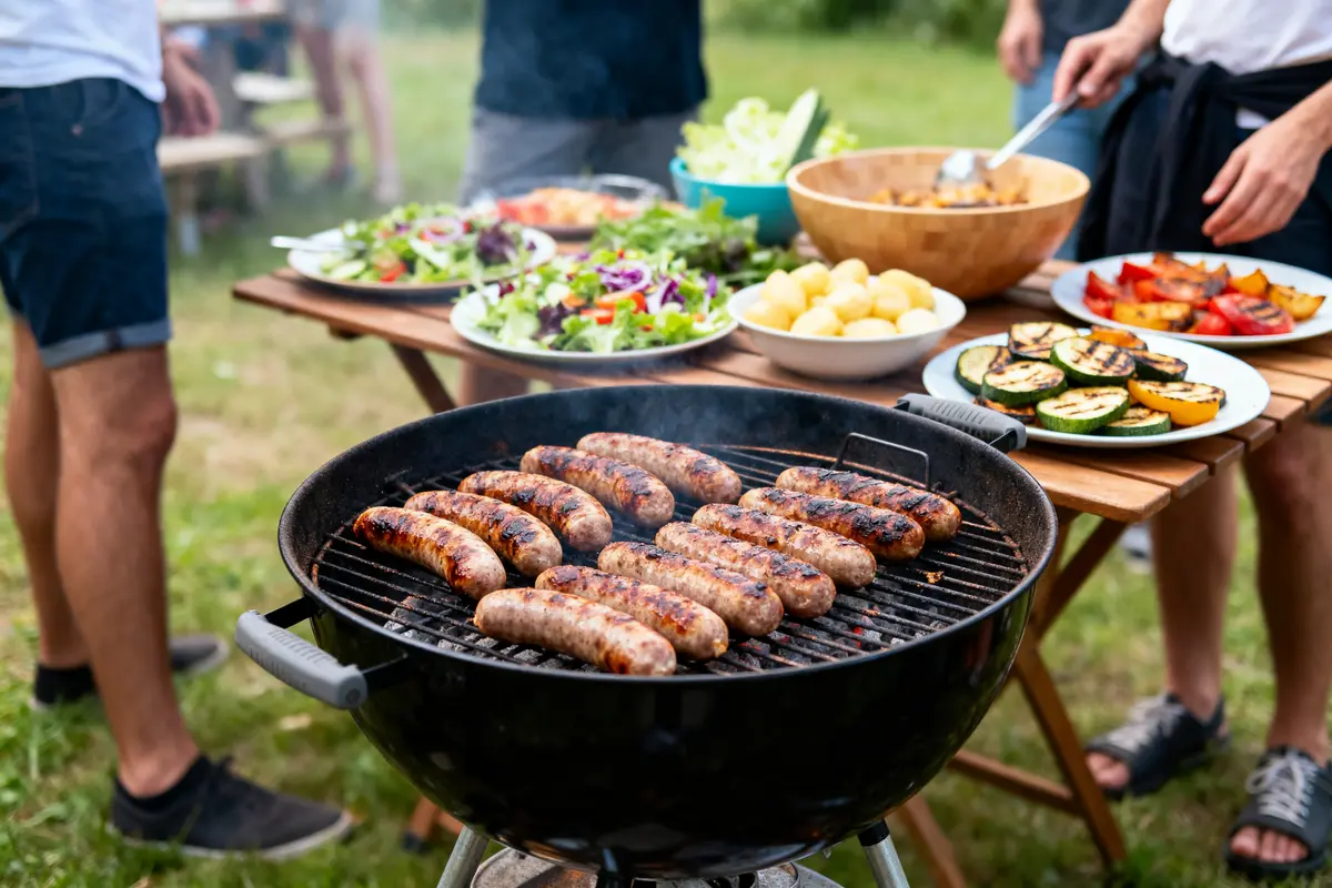Barbecue en plein air avec saucisses grillées, salades, légumes, et personnes en arrière-plan. Moment convivial.