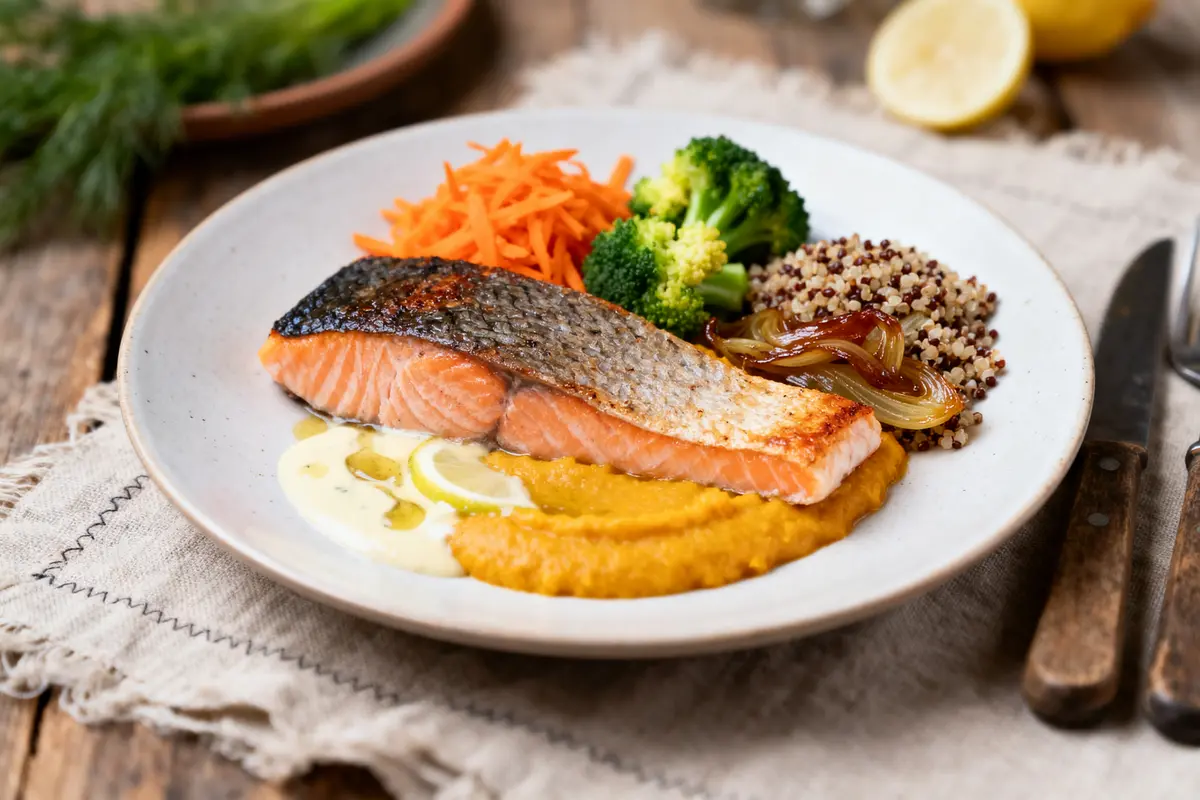 Assiette de saumon grillé avec purée, brocoli, carottes râpées, quinoa et oignons caramélisés, servie sur nappe beige.