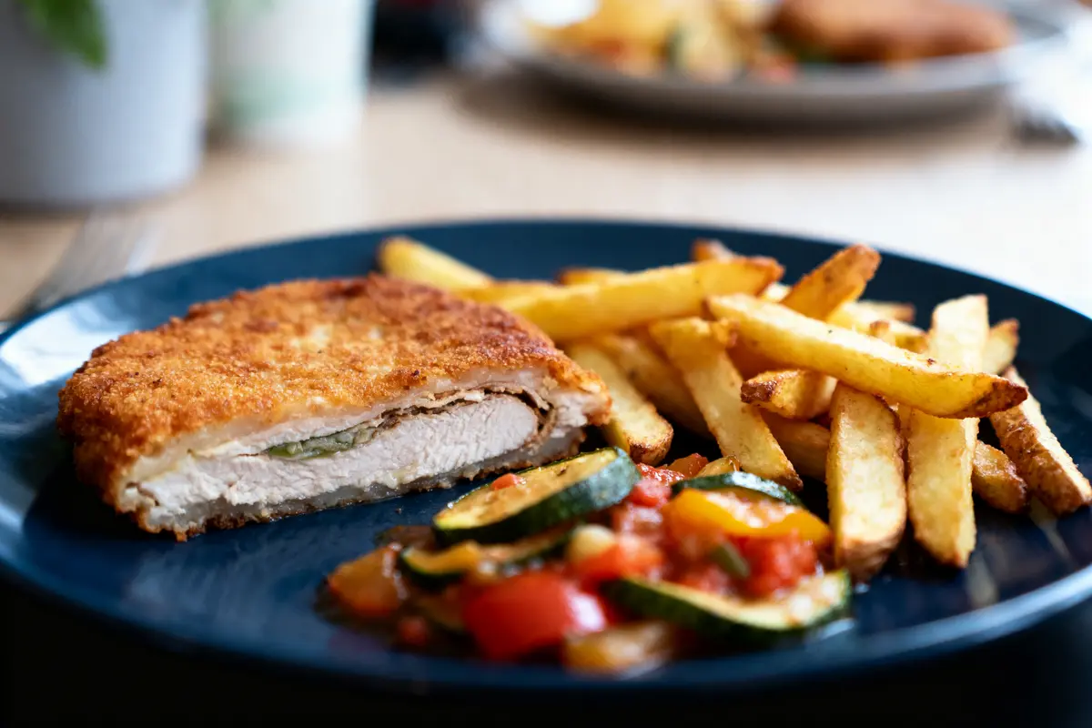Escalope panée, frites dorées et légumes méditerranéens colorés sur une assiette bleue.