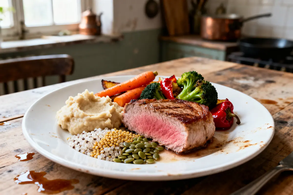 Assiette gourmande avec steak saignant, purée, légumes grillés, graines, servie sur table en bois rustique.