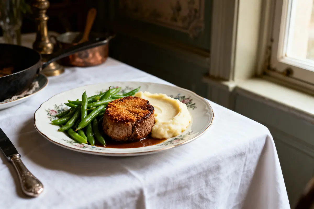 Assiette de viande en croûte avec purée, haricots verts, sur nappe blanche, près de fenêtre.