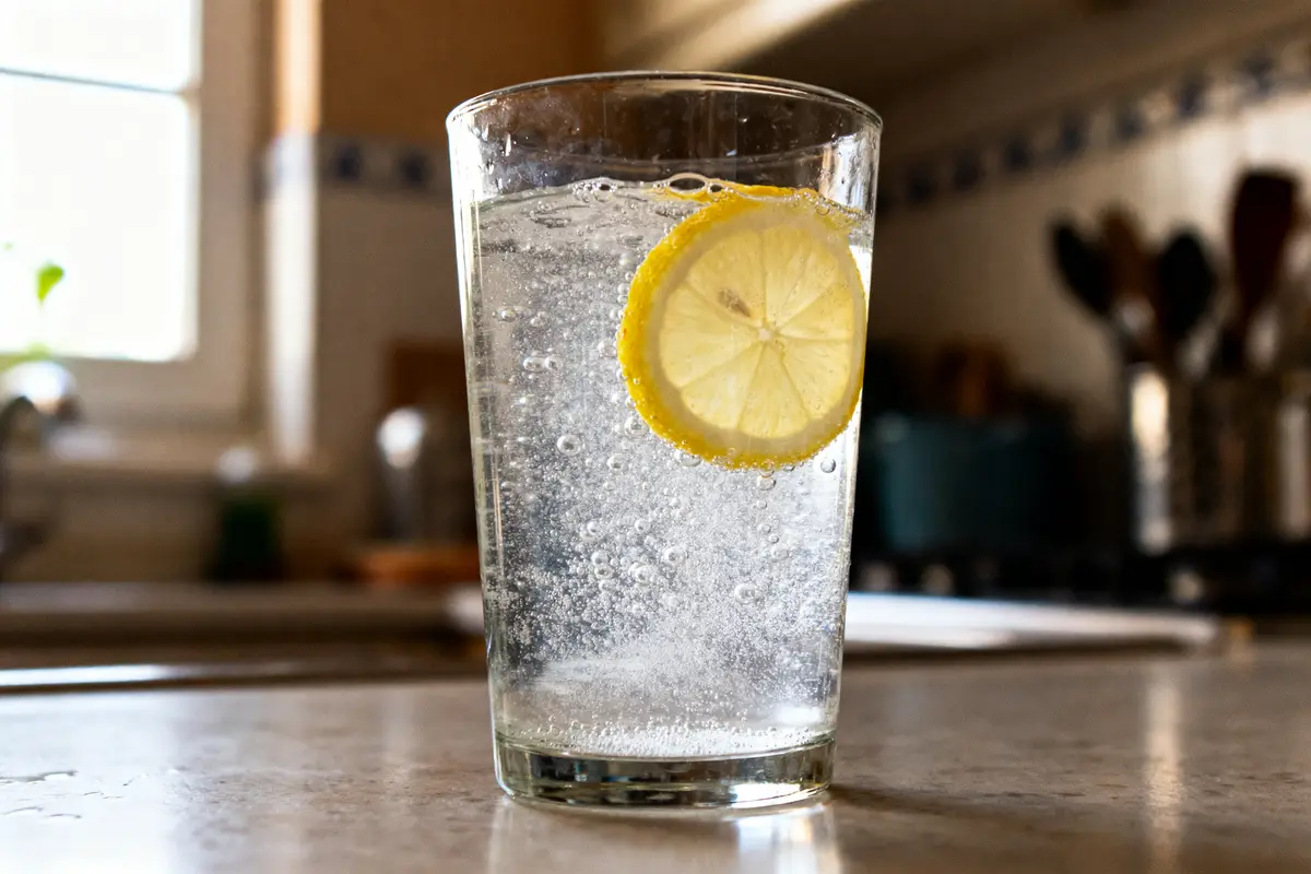 Verre d'eau pétillante avec tranche de citron, posé sur une table de cuisine éclairée par la lumière.