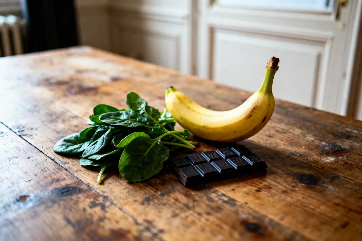 Banane, épinards et chocolat noir sur une table en bois, lumière naturelle.