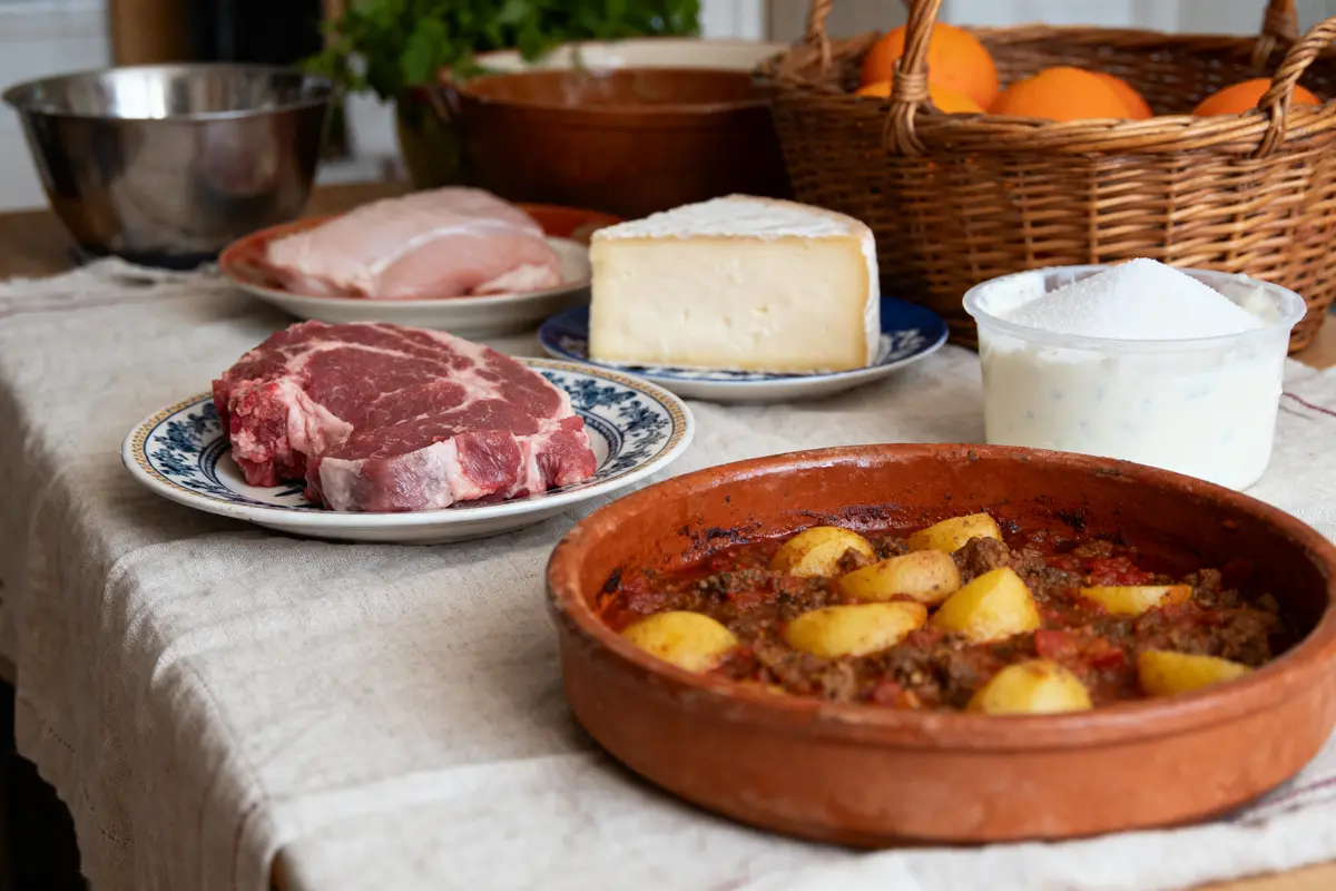 Divers aliments sur une table : viande, fromage, plat mijoté, panier d'oranges, et bol blanc.