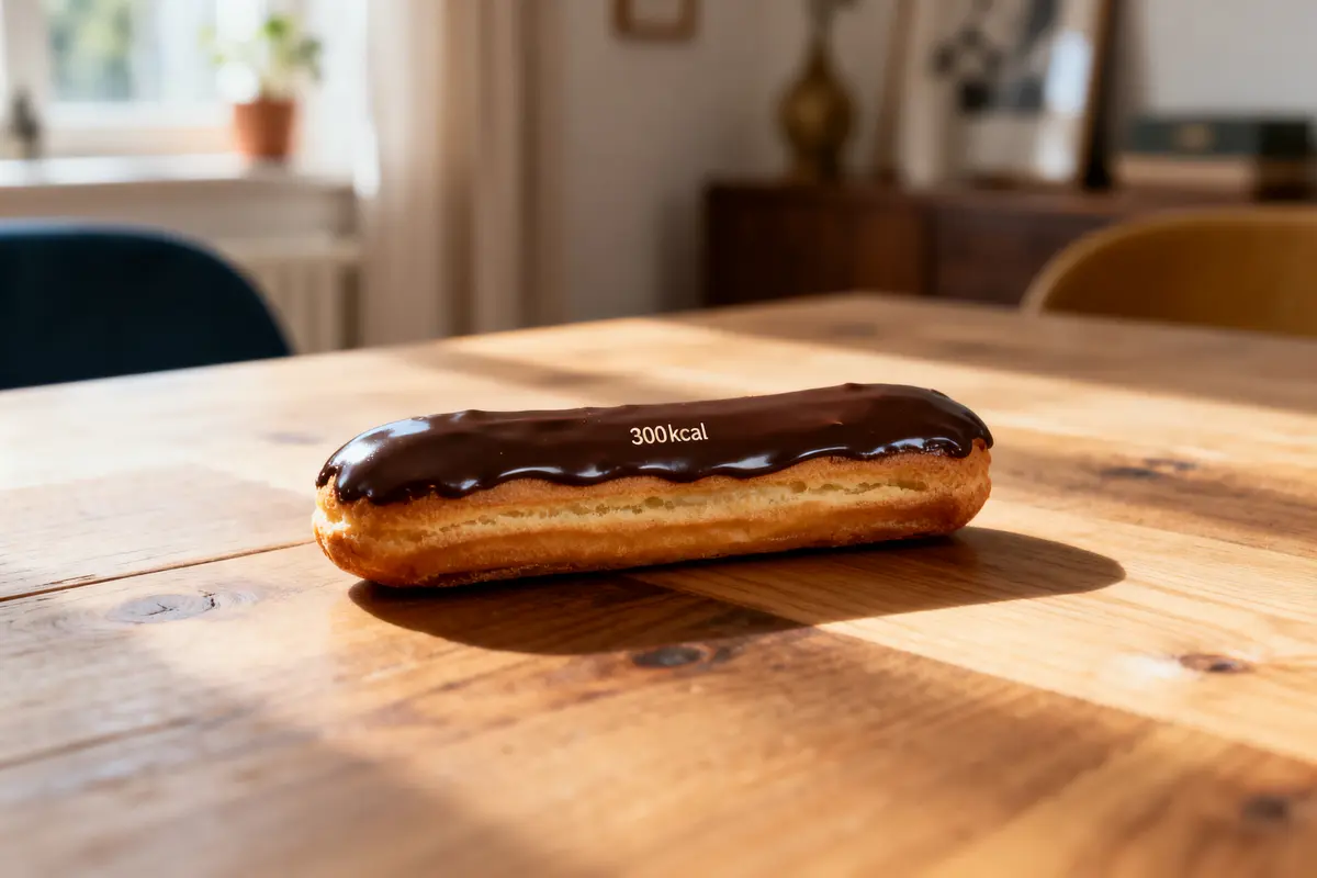 Éclair au chocolat sur table en bois avec "300kcal" marqué dessus, éclairé par la lumière naturelle.