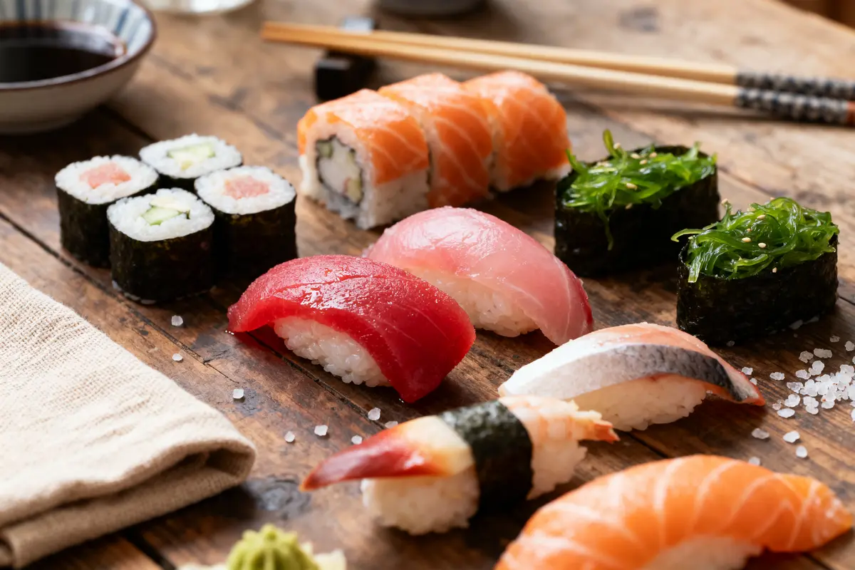 Assortiment de sushis variés sur table en bois avec baguettes et soucoupe de sauce soja à côté.