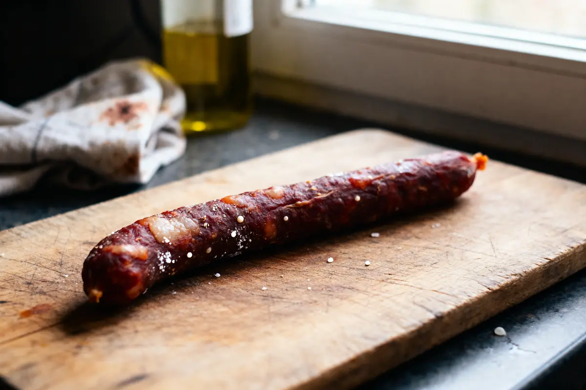 Un saucisson sur une planche en bois, sel parsemé, bouteille d'huile en arrière-plan.