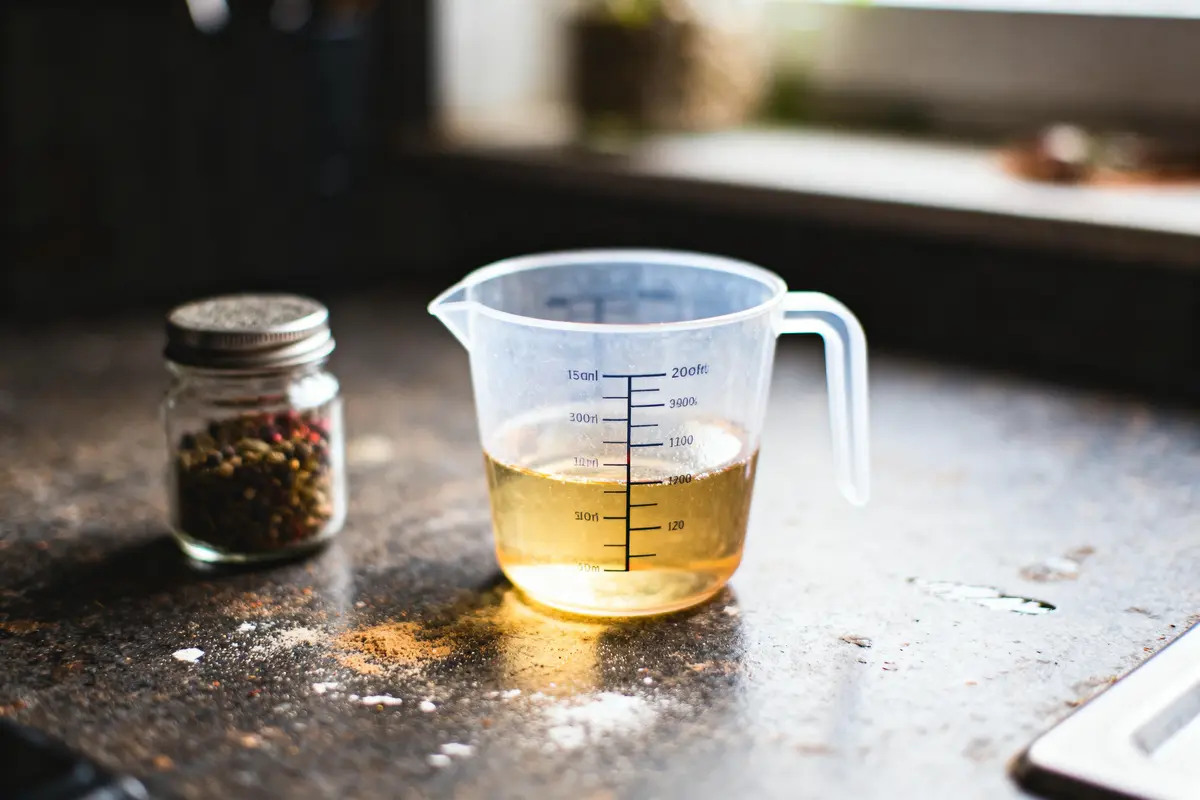 Verre mesureur avec liquide doré, bocal d'épices, posés sur un plan de travail de cuisine.