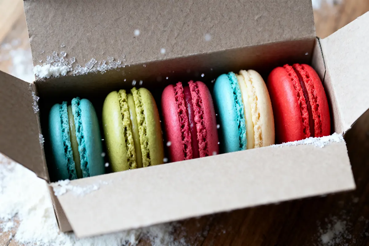 Cinq macarons colorés dans une boîte en carton sur fond saupoudré de sucre.