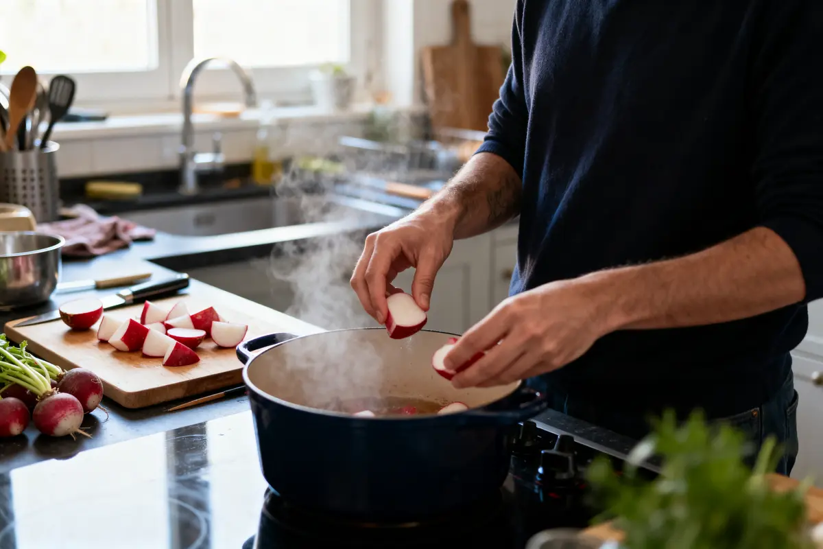 Personne cuisine des radis dans une cuisine moderne, préparant un plat avec une cocotte bleue fumante.