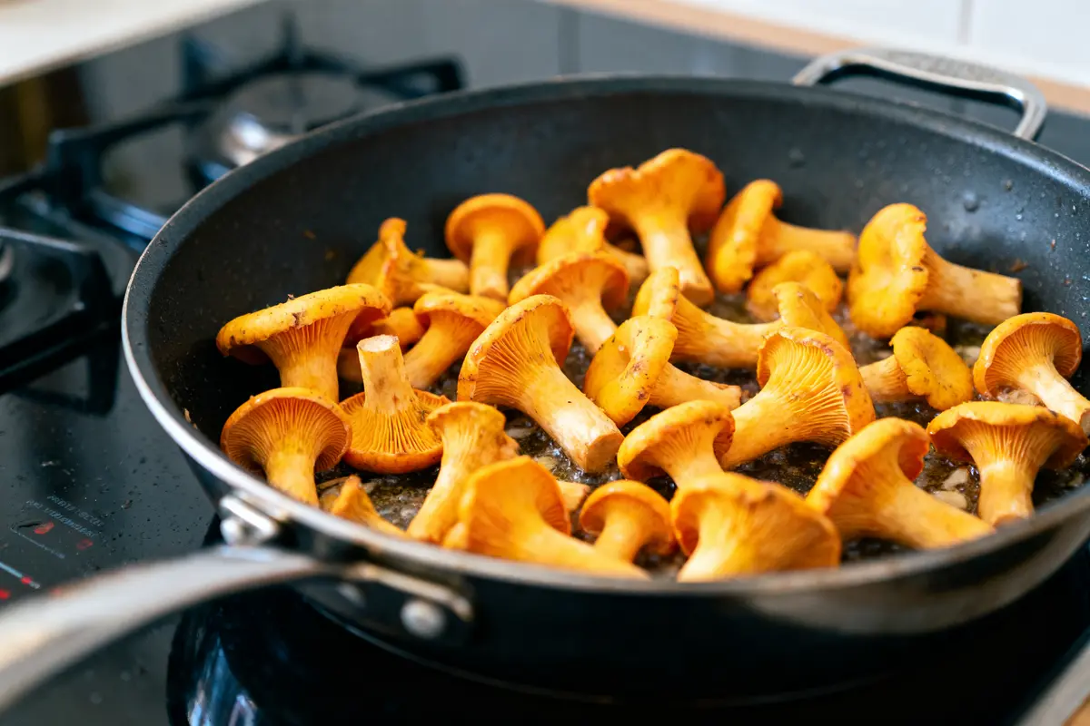 Chanterelles dorées cuisant dans une poêle noire, sur une cuisinière, vue en gros plan.