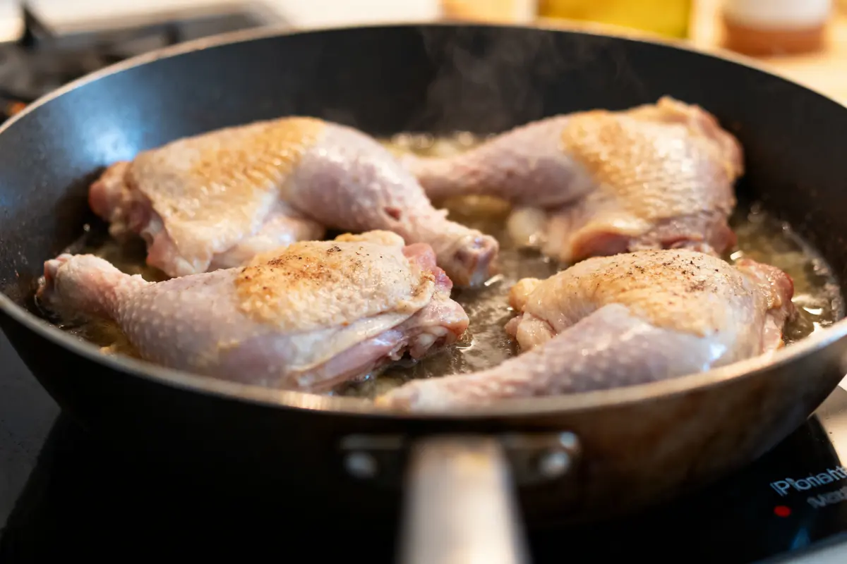 Cuisses de poulet crues avec peau mijotant dans une poêle sur une cuisinière.