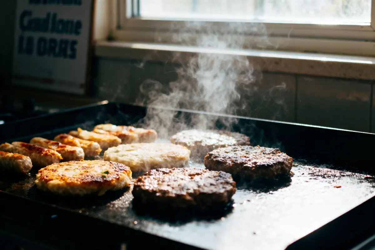 Galettes et saucisses grillant sur une plaque, avec de la vapeur visible, près d'une fenêtre.