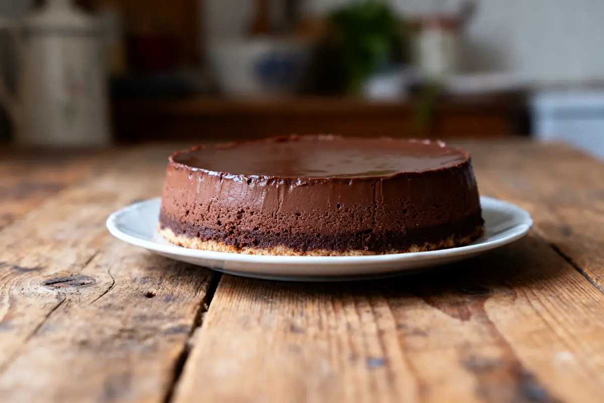 Gâteau au chocolat lisse sur assiette, posé sur une table en bois rustique, intérieur flou en arrière-plan.