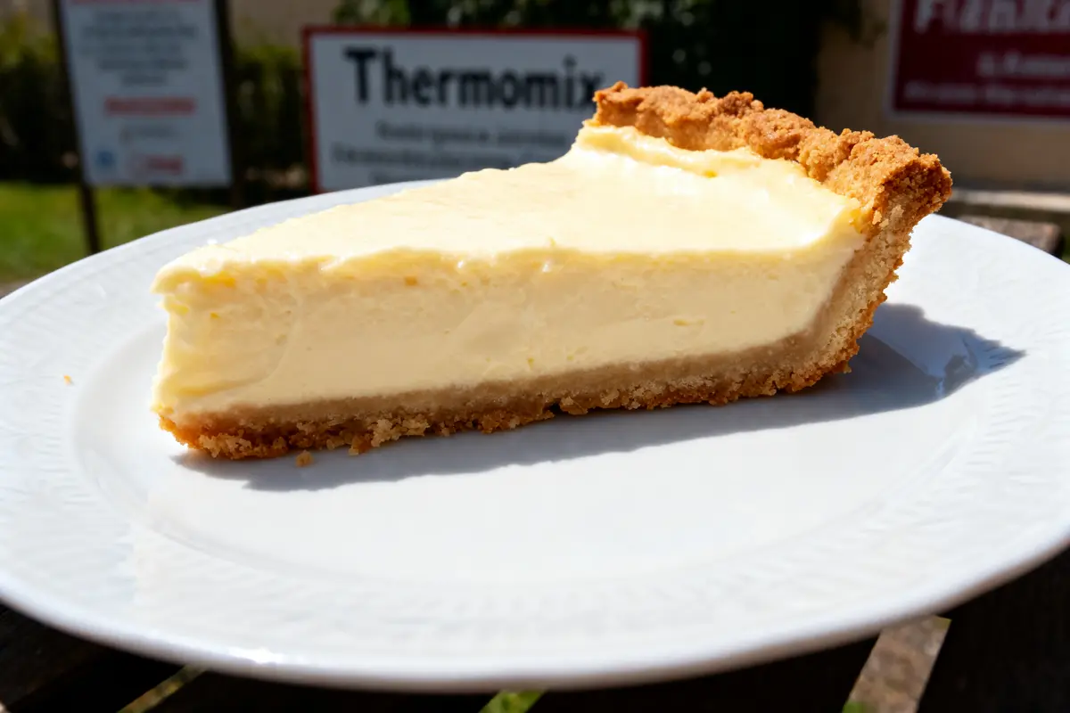 Tranche de cheesecake crémeux sur assiette blanche, en plein air, avec panneaux flous en arrière-plan.