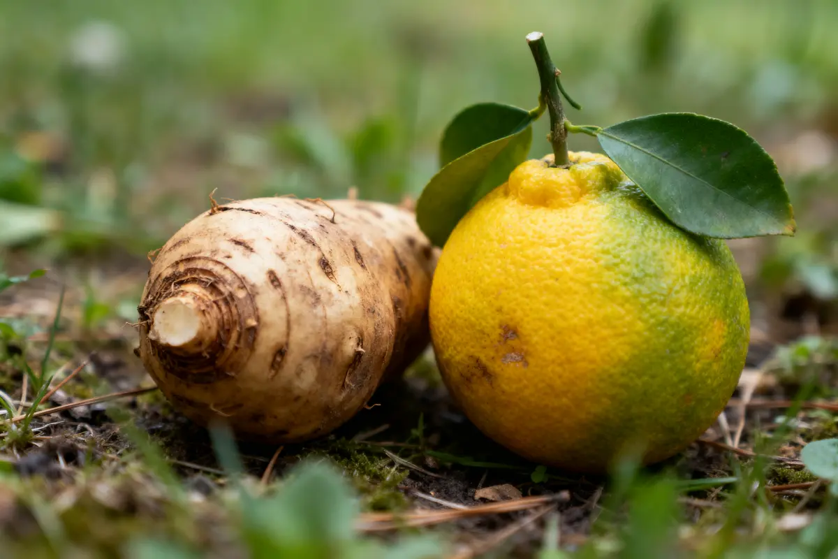Taro racine et agrume jaune avec feuille, sur sol herbeux, en gros plan.