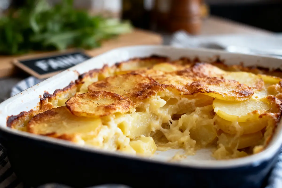Gratin de pommes de terre doré, portion retirée, dans un plat en céramique sur fond de cuisine flou.
