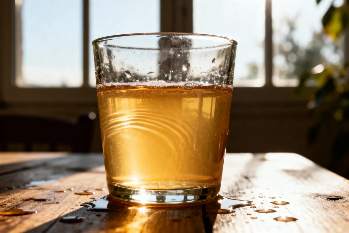 Verre de liquide ambré sur une table en bois, éclairé par la lumière du jour.
