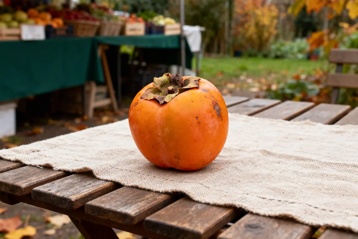 Kaki orange posé sur table en bois devant un stand de marché en plein air, feuilles d'automne.