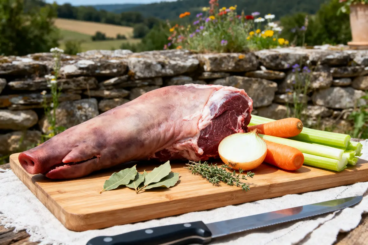Gigot d'agneau sur planche à découper avec légumes, herbes et couteau, fond champêtre.