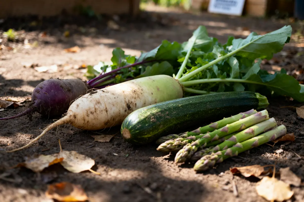 Légumes divers, dont betteraves, radis, courgettes et asperges, posés sur terre en extérieur.