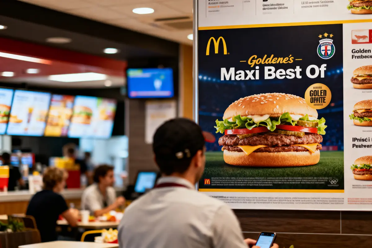 Affiche de burger dans un restaurant rapide, avec clients en arrière-plan et personne utilisant un téléphone.