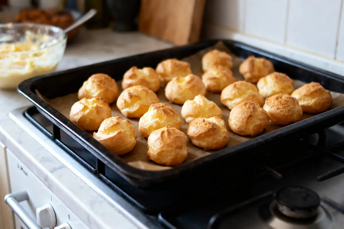 Profiteroles dorées sur plaque de cuisson, assise sur une cuisinière, avec bol de pâte en arrière-plan.